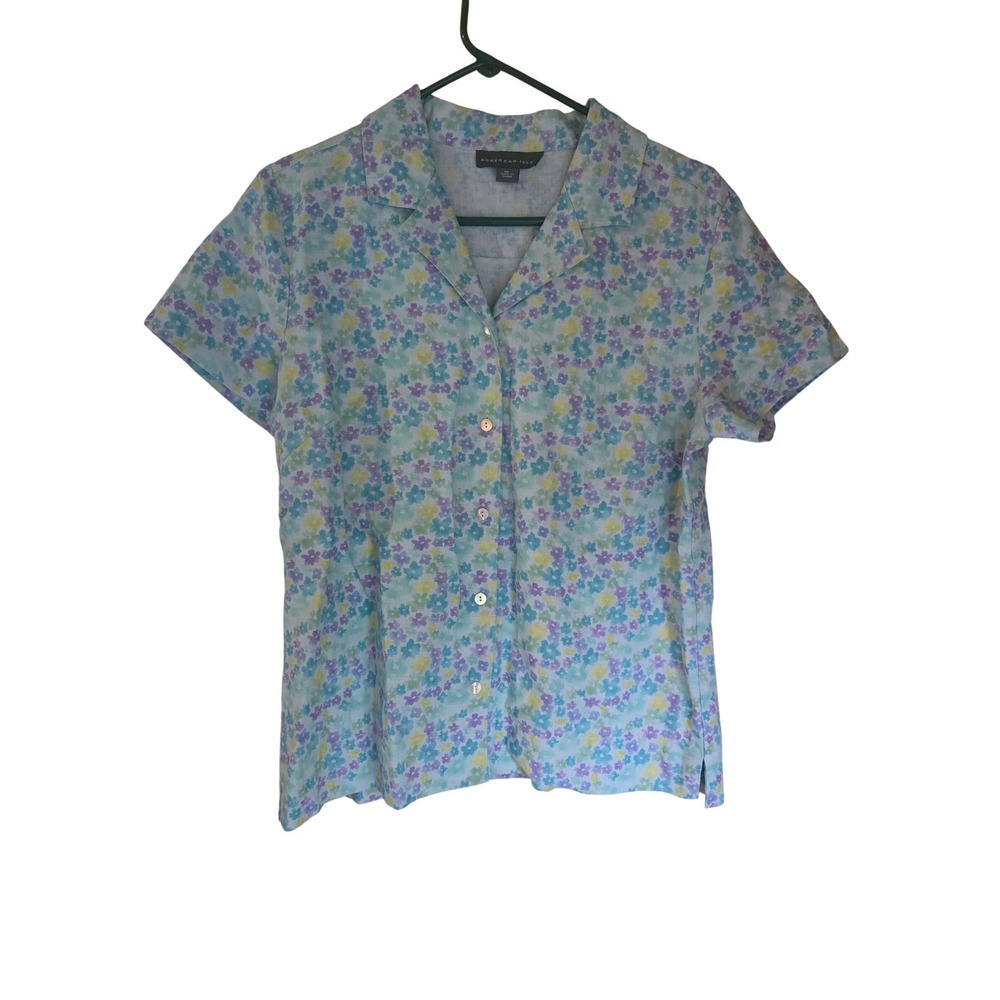 Northern Isles Womens Linen Blend Floral Button Down Shirt Blue Purple M Cottage